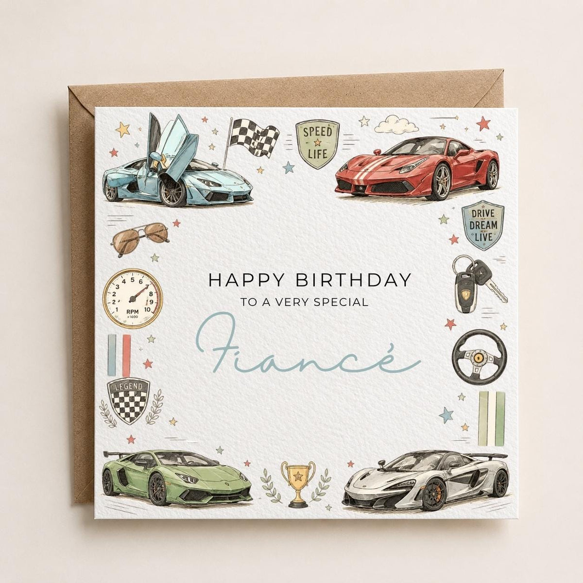Personalised Sports Car Theme Birthday Card for Husband, Dad, Grandad, Son,  Uncle, Brother etc