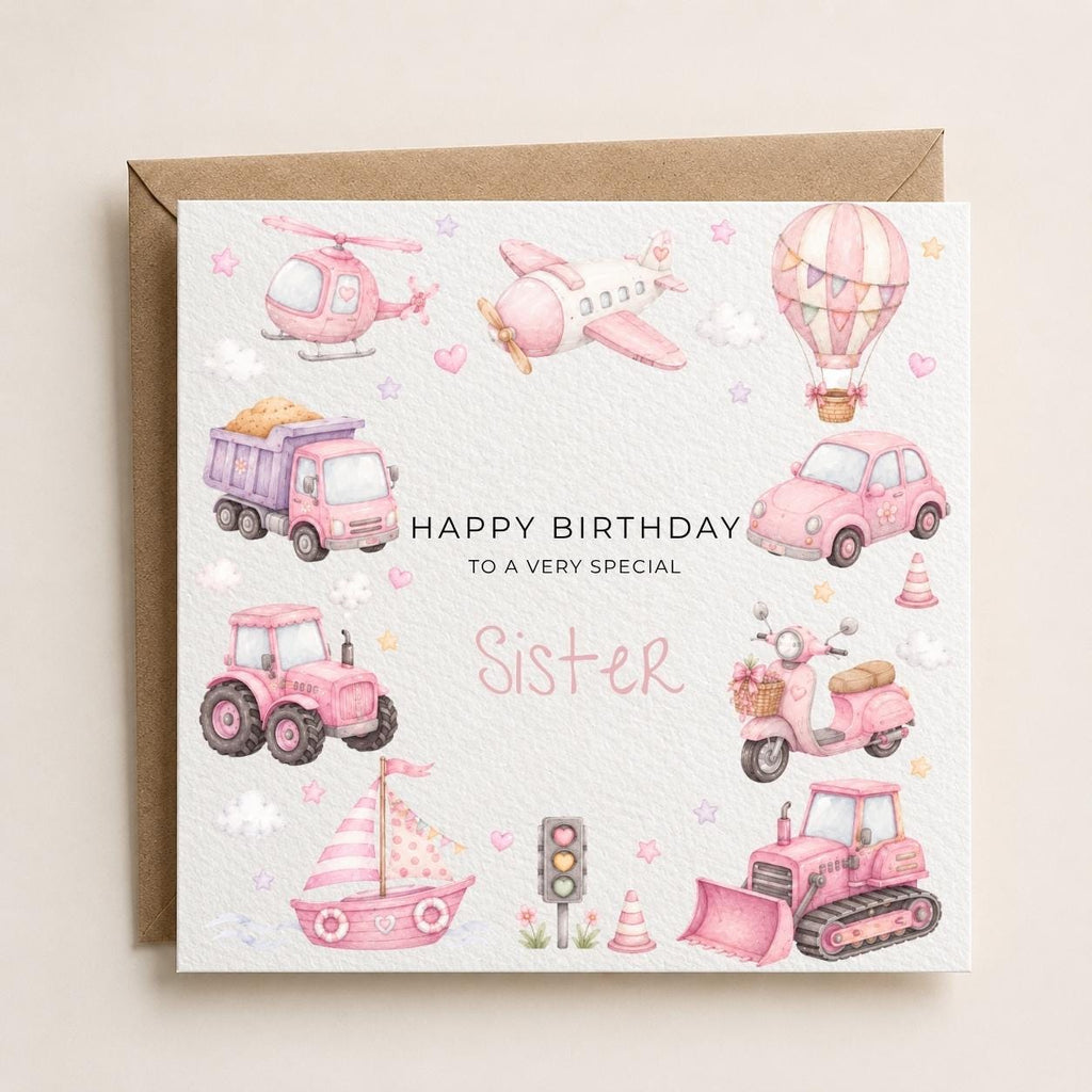 Personalised Transport Theme Birthday Card for Daughter, Granddaughter, Sister etc
