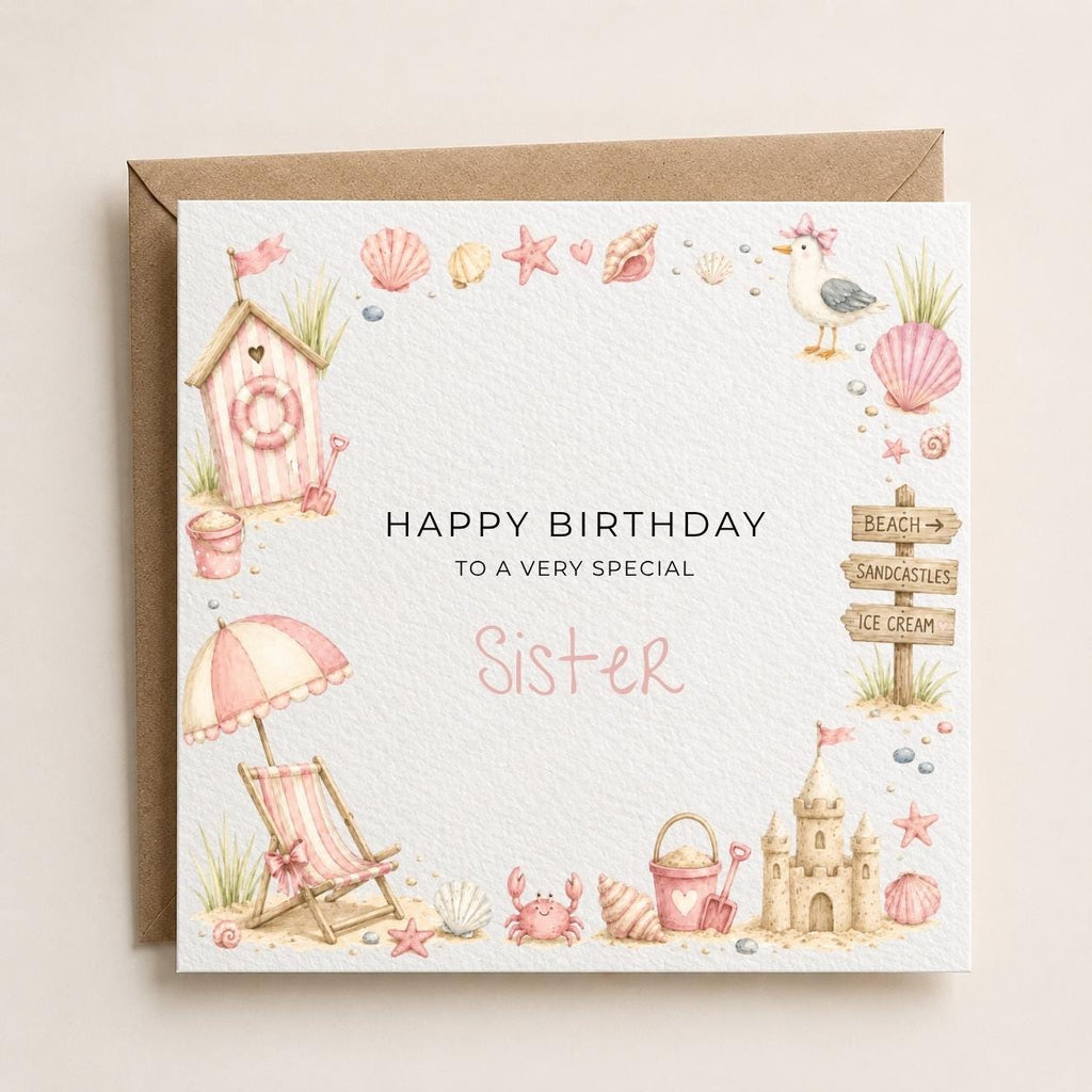 Personalised Seaside Theme Birthday Card for Daughter, Granddaughter, Sister etc