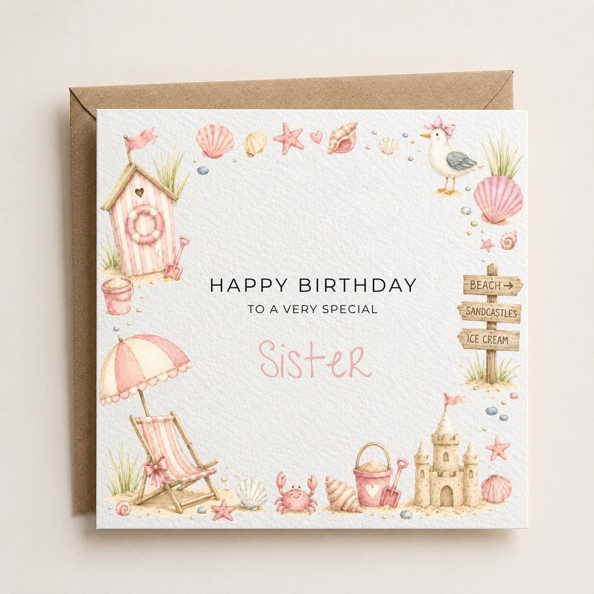 Personalised Seaside Theme Birthday Card for Daughter, Granddaughter, Sister etc