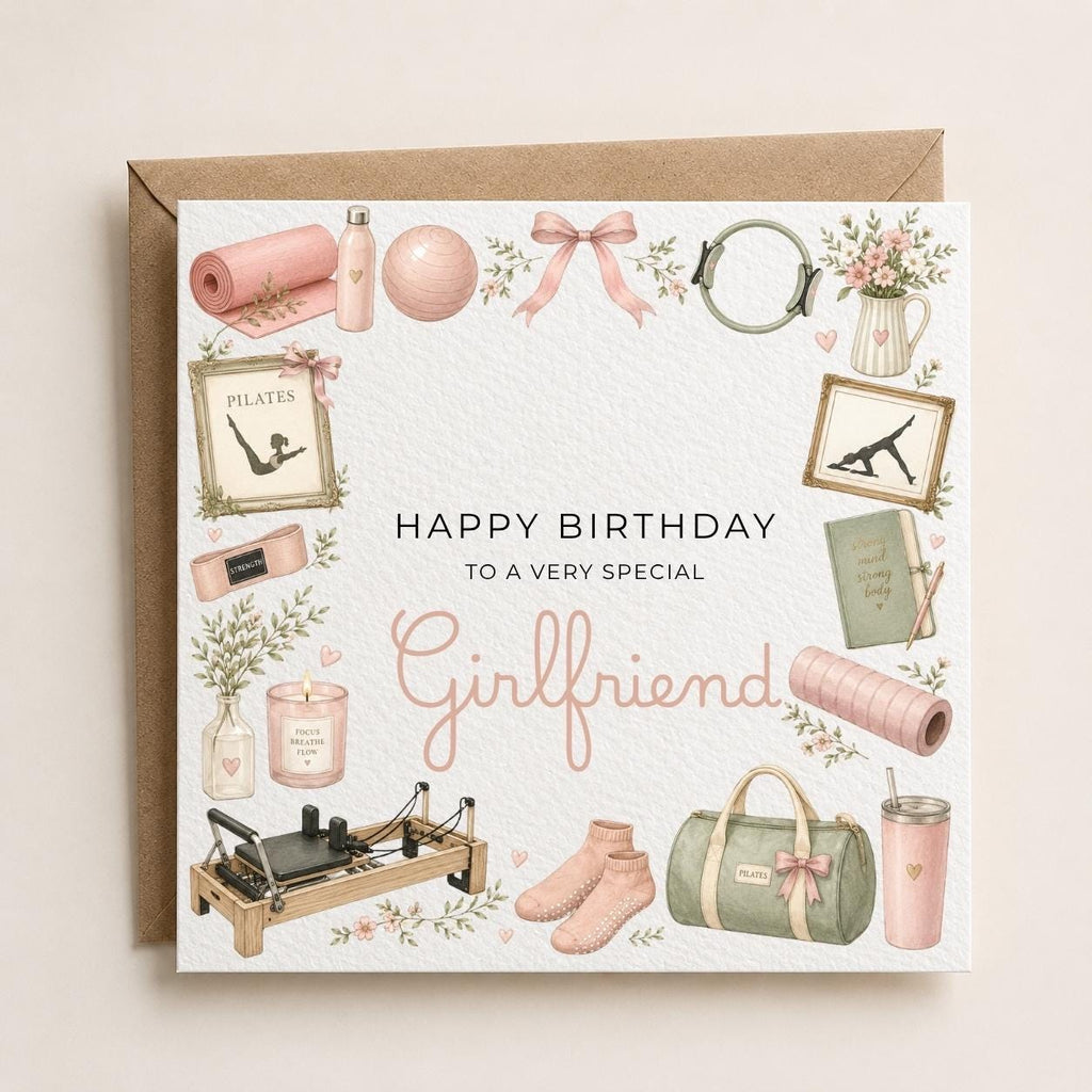 Personalised Pilates Theme Birthday Card for Wife, Mum, Grandma, Daughter, Auntie, Sister etc