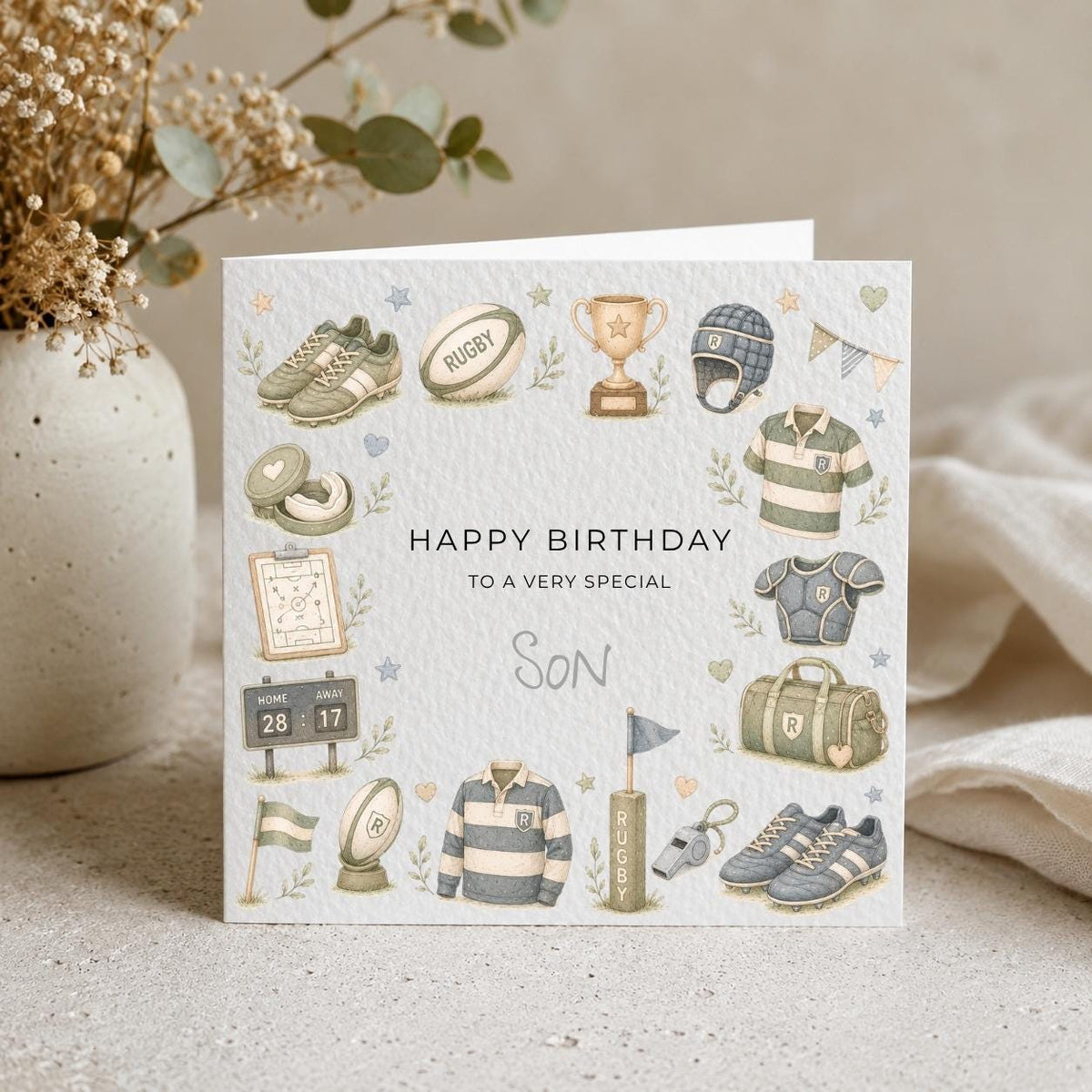 Personalised Rugby Theme Birthday Card for Son, Grandson, Brother etc