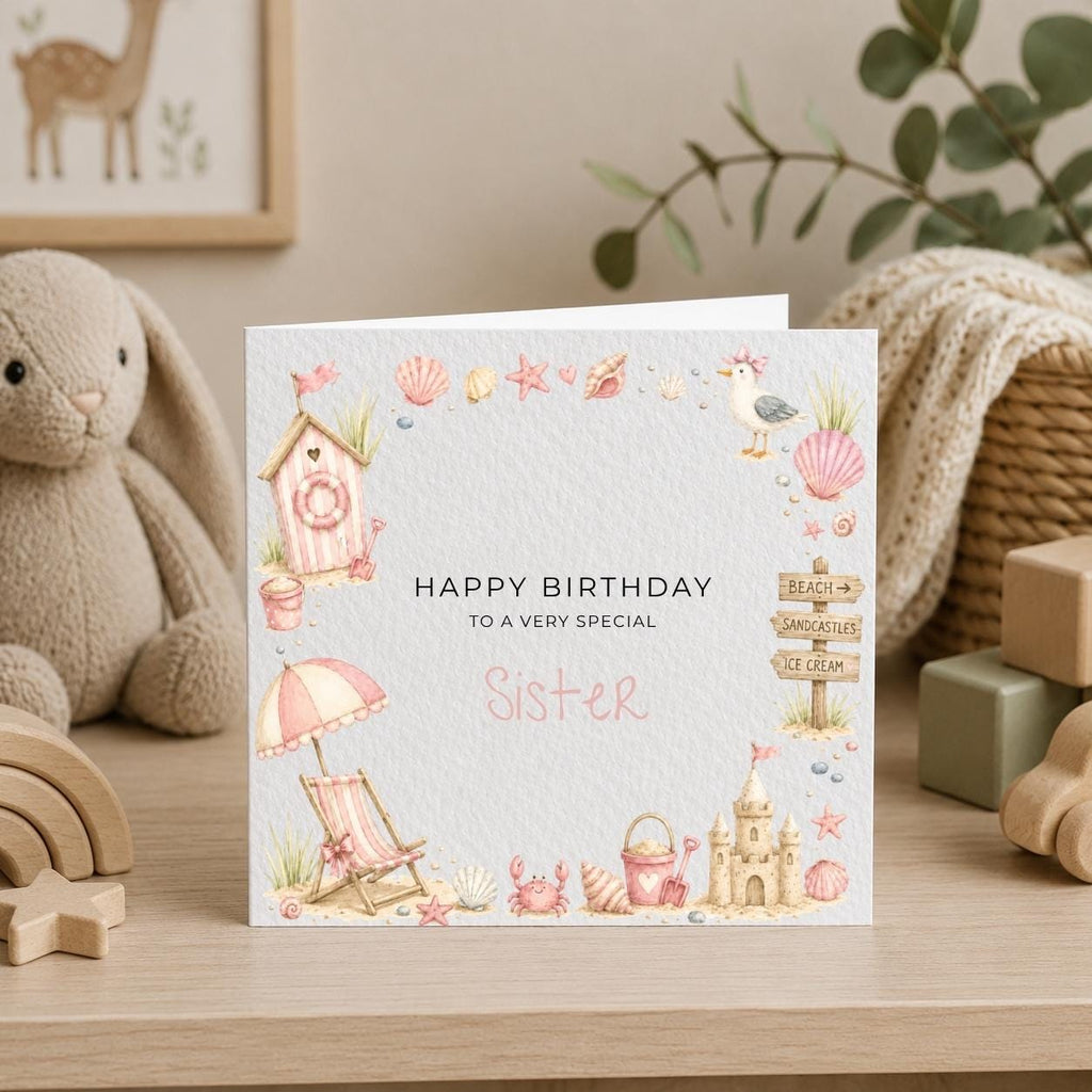 Personalised Seaside Theme Birthday Card for Daughter, Granddaughter, Sister etc