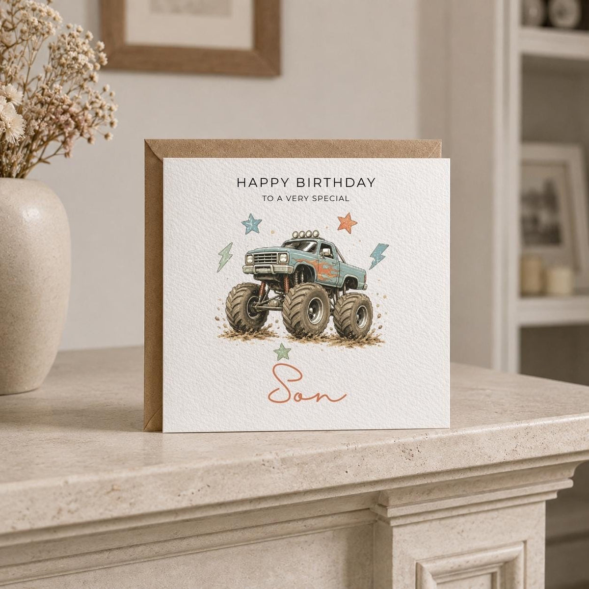 Personalised Monster Truck Theme Birthday Card for Husband, Dad, Grandad, Son,  Uncle, Brother etc