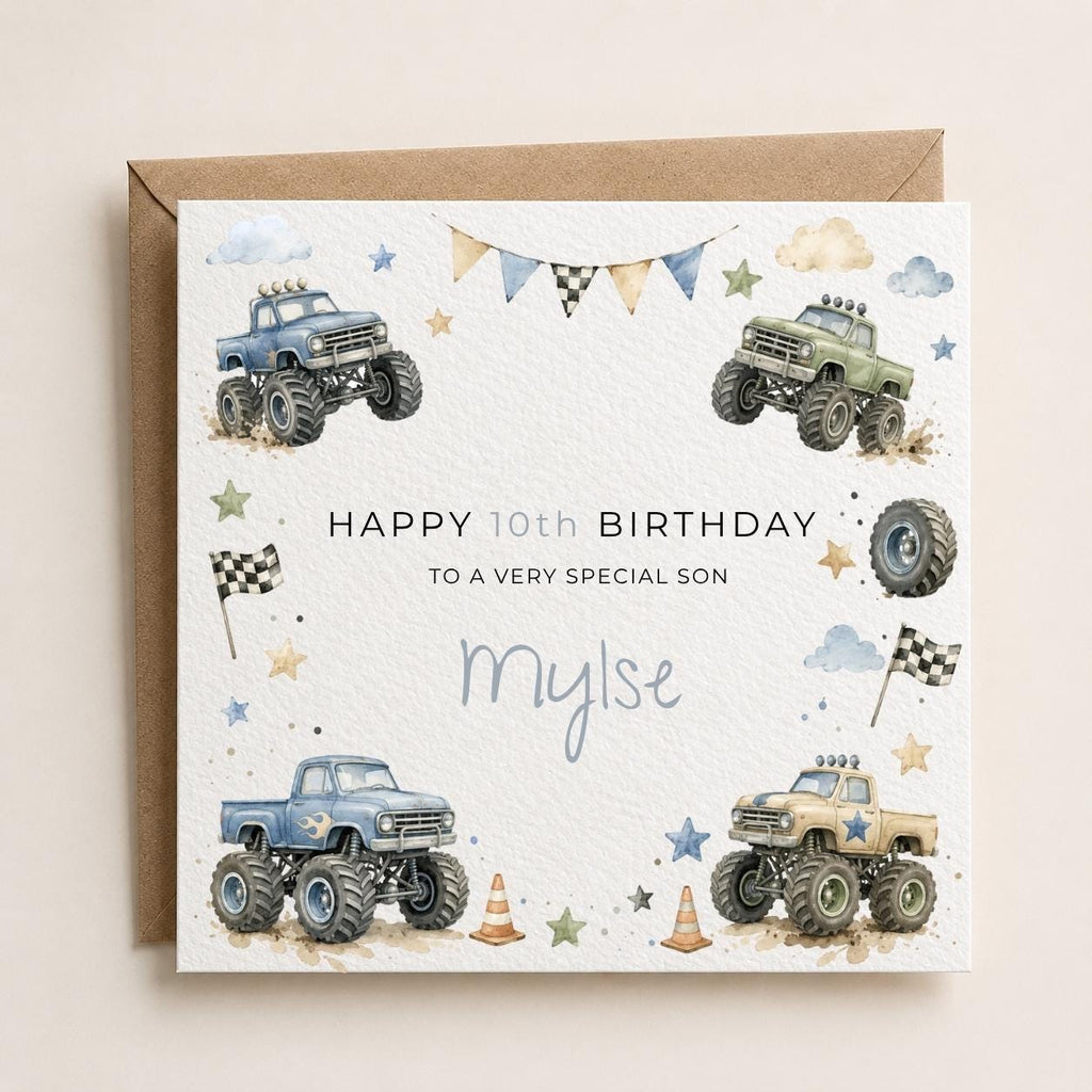 Personalised Monster Trucks Theme Birthday Card for Son, Grandson, Brother etc