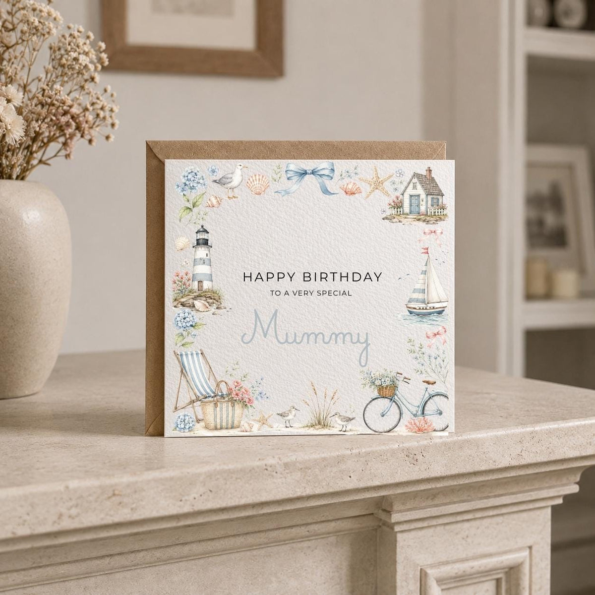 Personalised Coastal Theme Birthday Card for Wife, Mum, Grandma, Daughter, Auntie, Sister etc