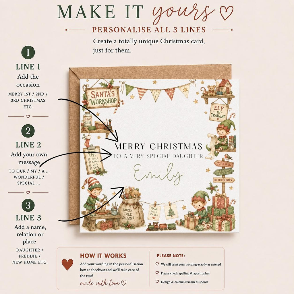 Personalised Kids Christmas Card | For Children | Completely Customisable | Festive Children's Greetings Card | Elves Theme