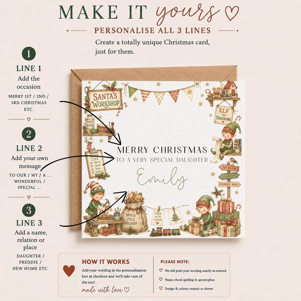 Personalised Kids Christmas Card | For Children | Completely Customisable | Festive Children's Greetings Card | Elves Theme