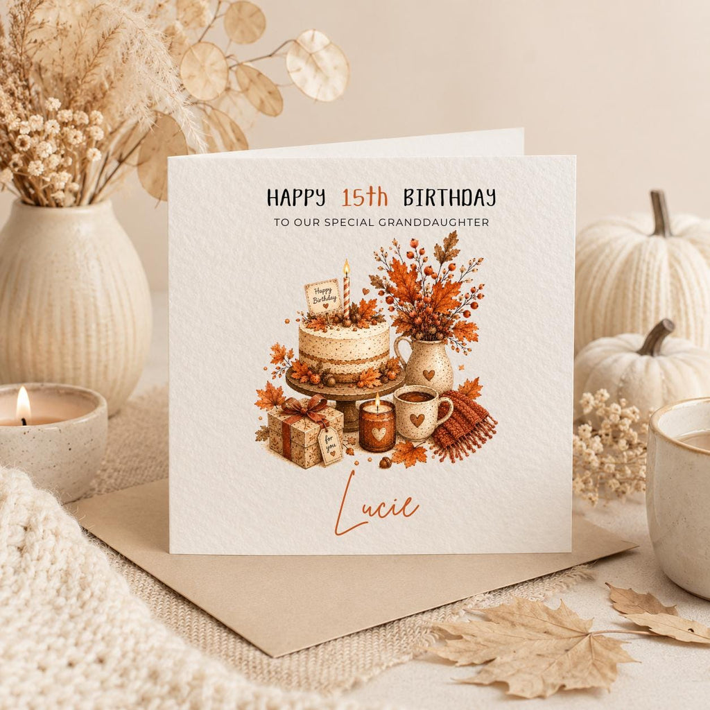 Personalised Autumn Theme Birthday Card for Daughter, Son, Sister, Brother, Friend etc