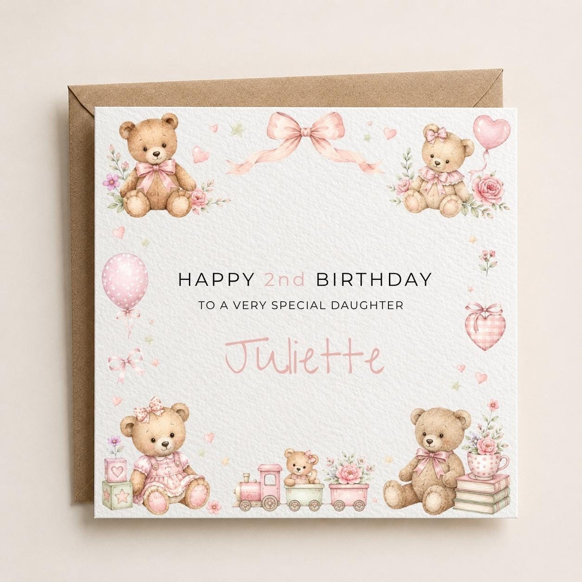 Personalised Teddy Bear Theme Birthday Card for Daughter, Granddaughter, Sister etc