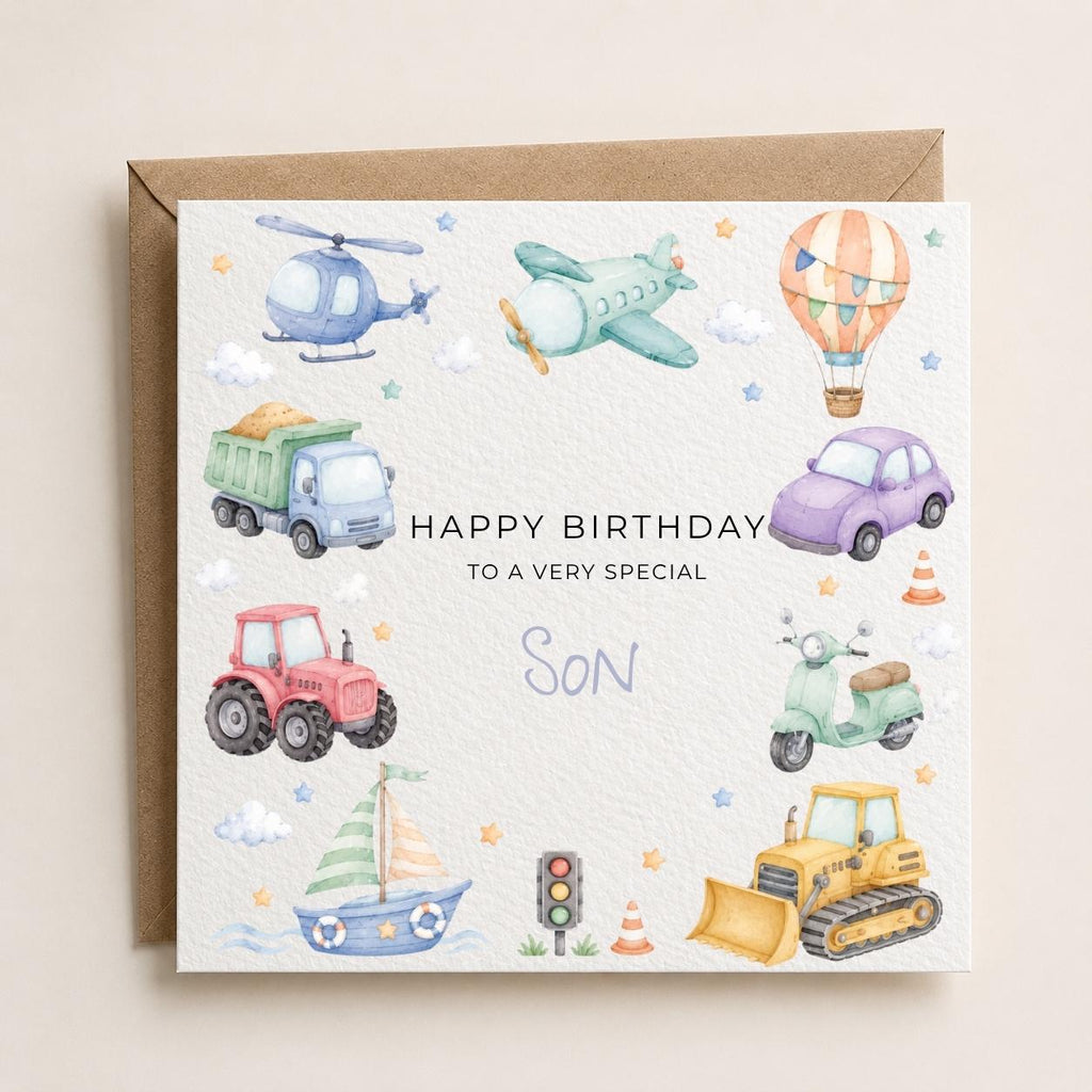 Personalised Transport Theme Birthday Card for Son, Grandson, Brother etc