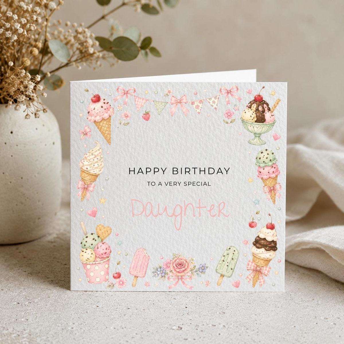 Personalised Icecream Theme Birthday Card for Daughter, Granddaughter, Sister etc