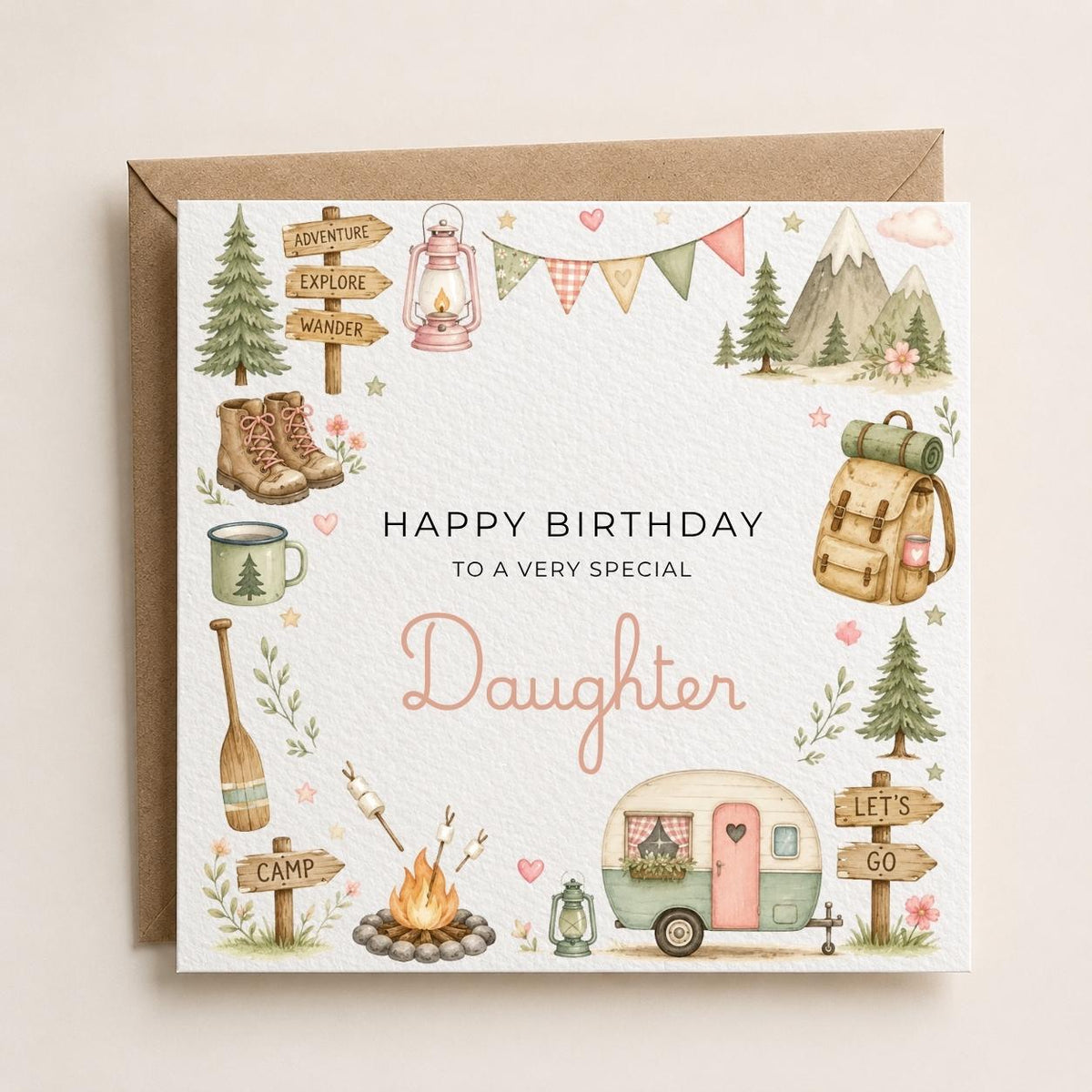 Personalised Camping Theme Birthday Card for Wife, Mum, Grandma, Daughter, Auntie, Sister etc