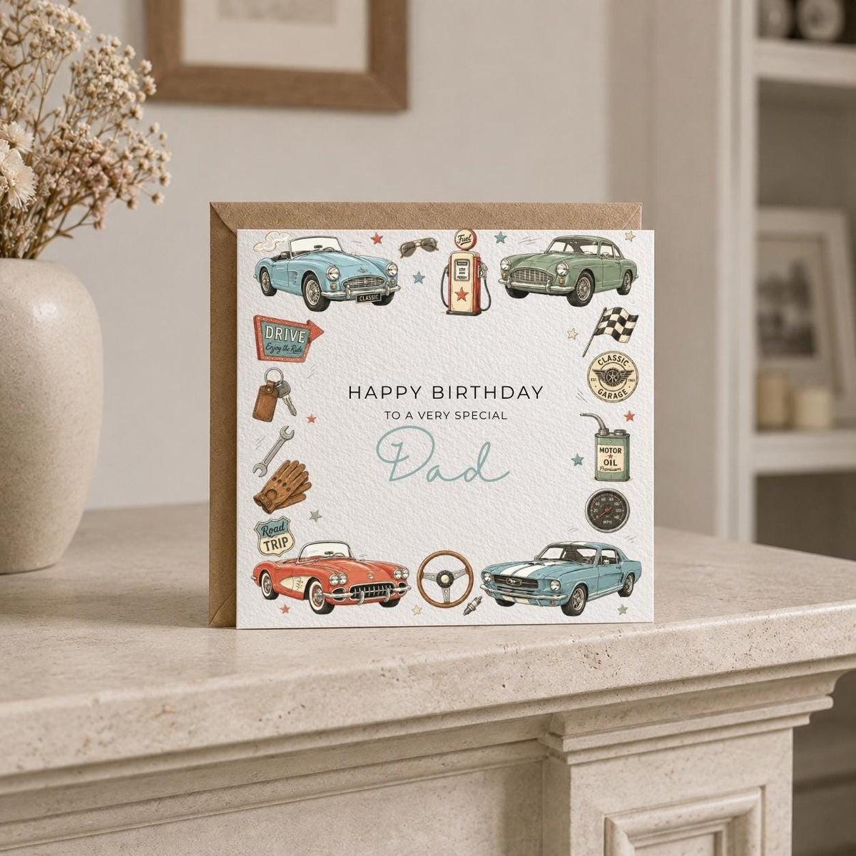 Personalised Vintage Cars Theme Birthday Card for Husband, Dad, Grandad, Son,  Uncle, Brother etc