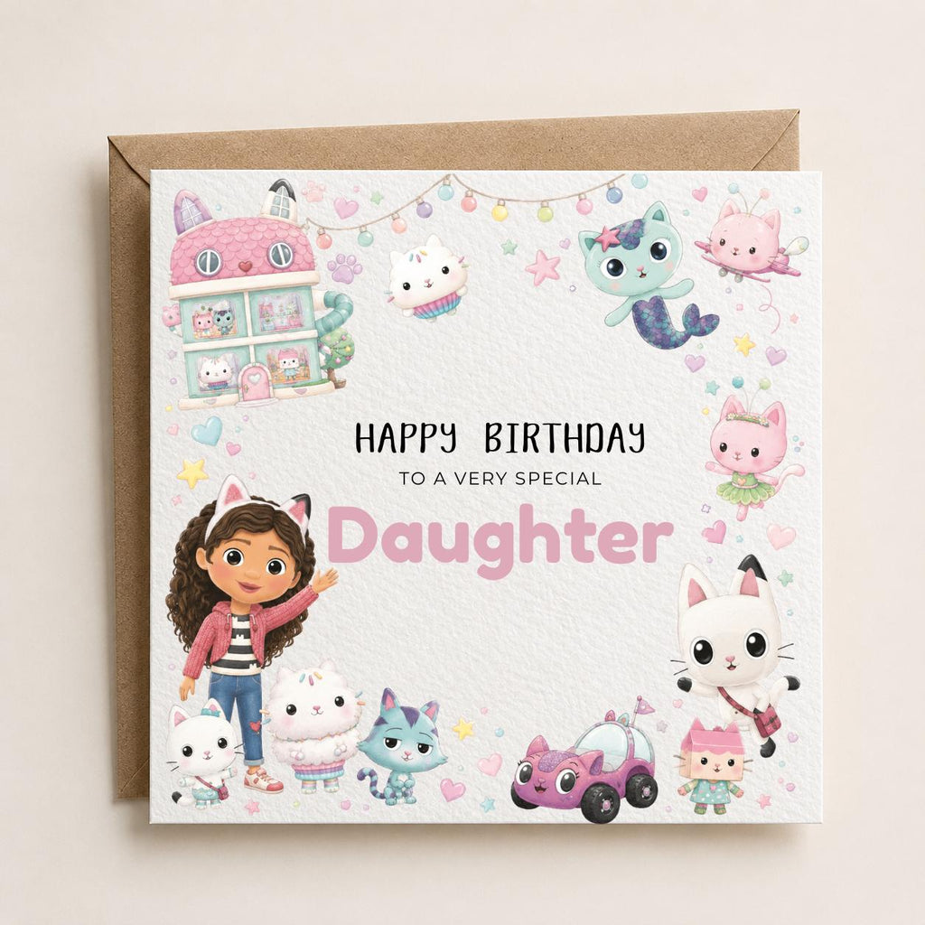 Personalised Cat Girl | Theme Doll House Birthday Card for Daughter, Sister, Friend etc