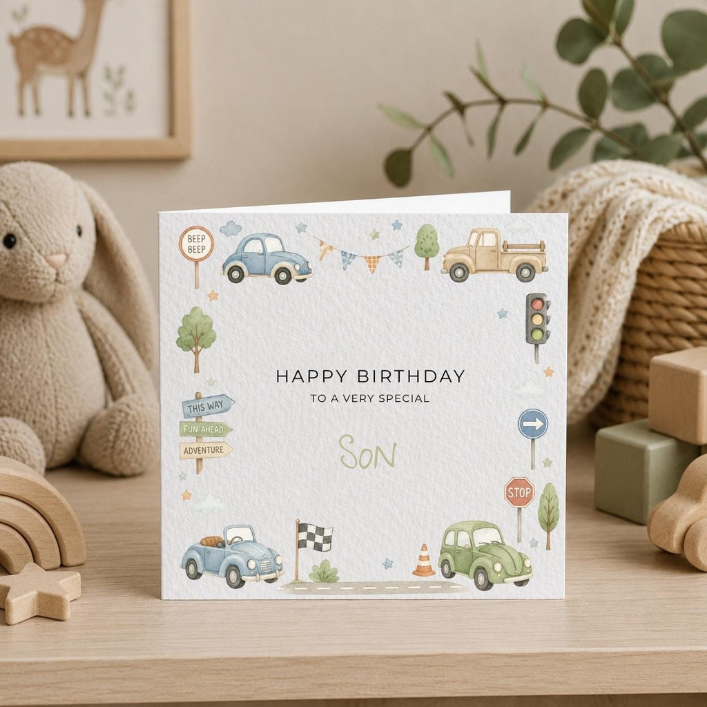 Personalised Cars Theme Birthday Card for Son, Grandson, Brother etc