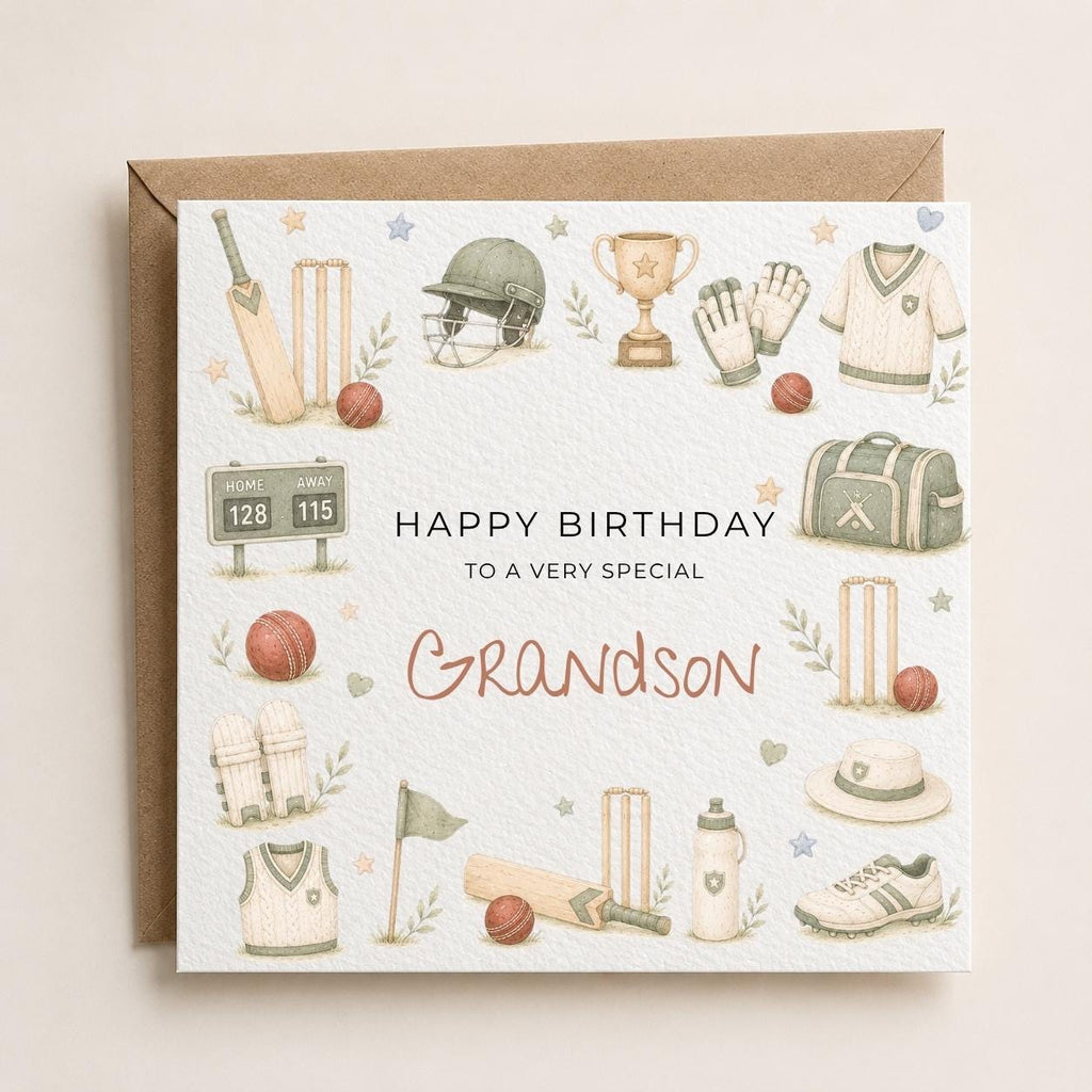 Personalised Cricket Theme Birthday Card for Son, Grandson, Brother etc