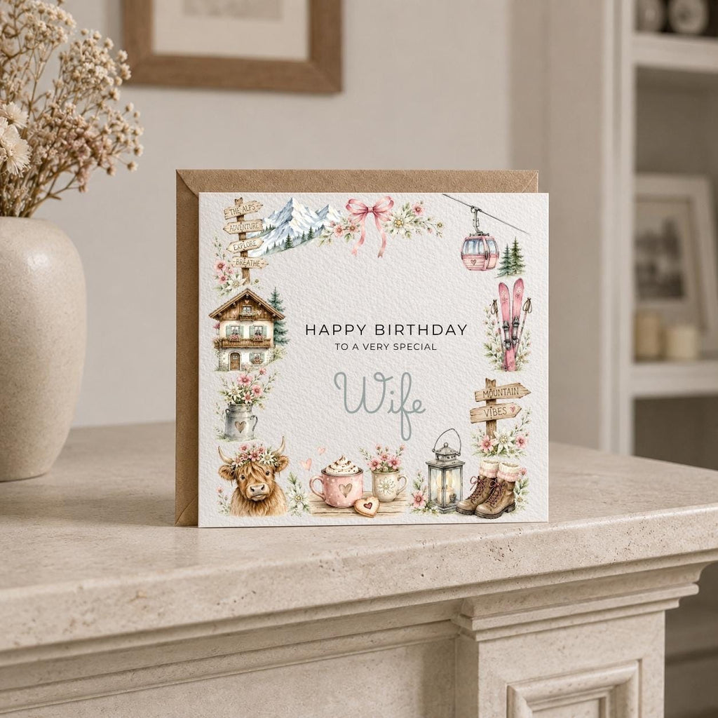 Personalised Skiing Theme Birthday Card for Wife, Mum, Grandma, Daughter, Auntie, Sister etc