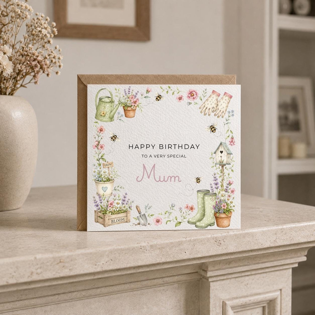 Personalised Bee Garden Theme Birthday Card for Wife, Mum, Grandma, Daughter, Auntie, Sister etc