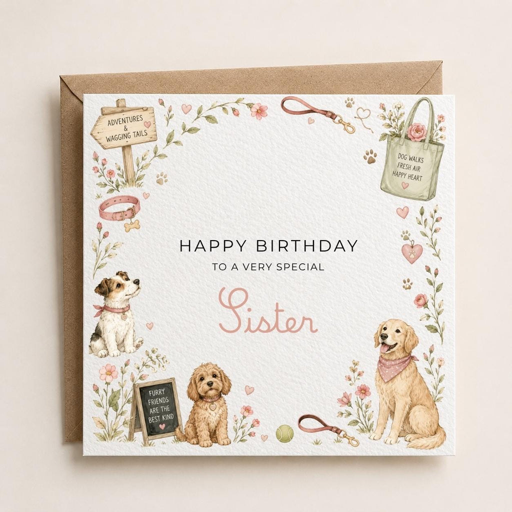 Personalised Dog Walker Theme Birthday Card for Wife, Mum, Grandma, Daughter, Auntie, Sister etc