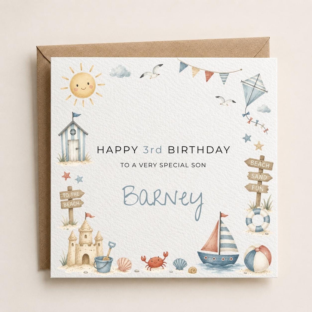 Personalised Seaside Theme Birthday Card for Son, Grandson, Brother etc