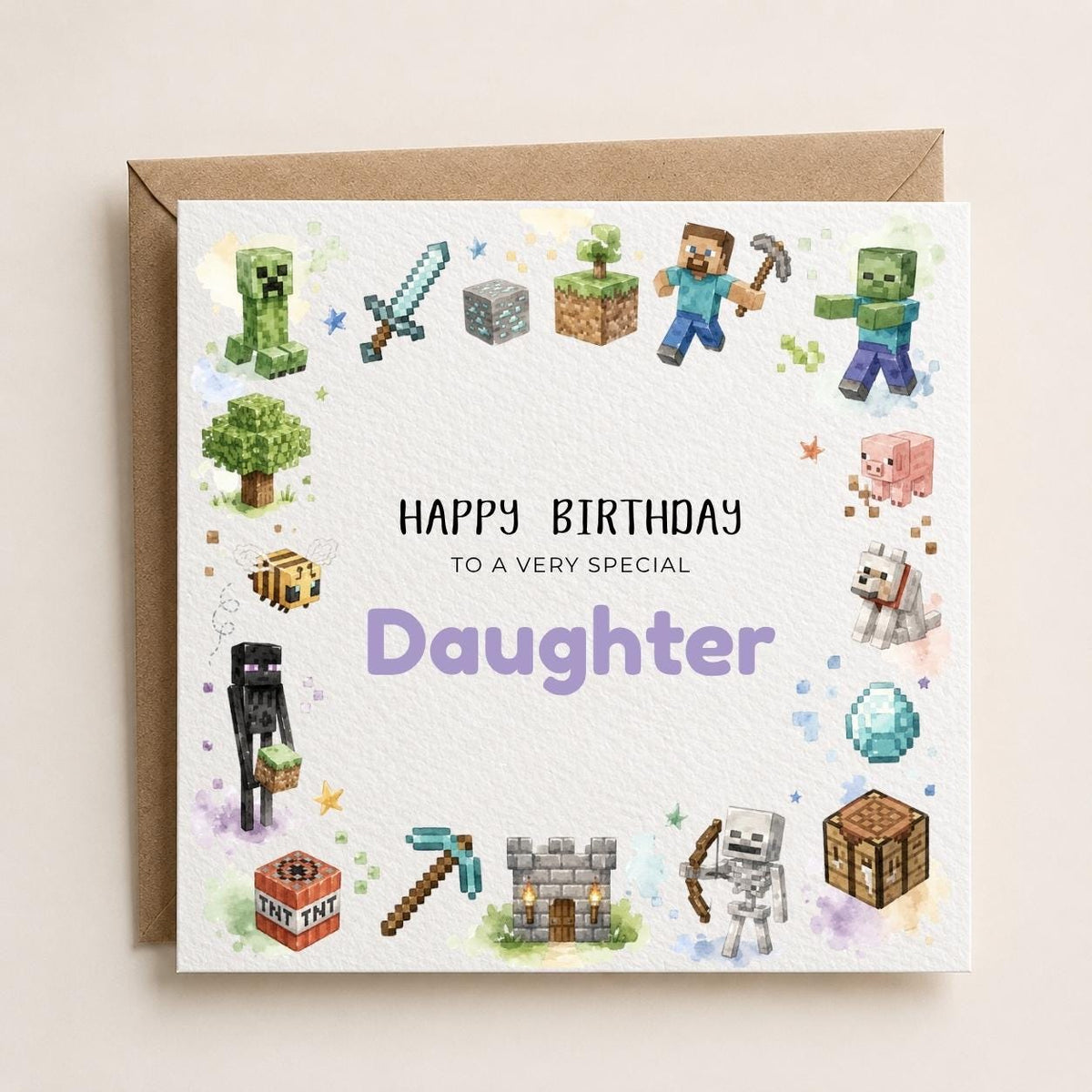 Personalised Block Character Gaming Theme Birthday Card for Son, Daughter, Brother, Sister etc