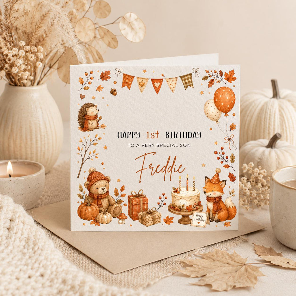 Personalised Autumn Themed Birthday Card for Daughter, Son, Sister, Brother, Friend etc