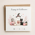 Personalised Halloween Card, Ghost Pumpkin Black Cat Design, 1st Halloween Birthday For Girls