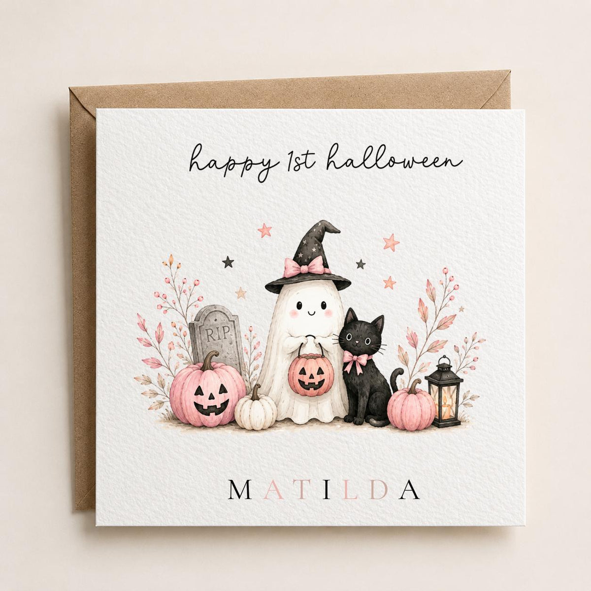Personalised Halloween Card, Ghost Pumpkin Black Cat Design, 1st Halloween Birthday For Girls