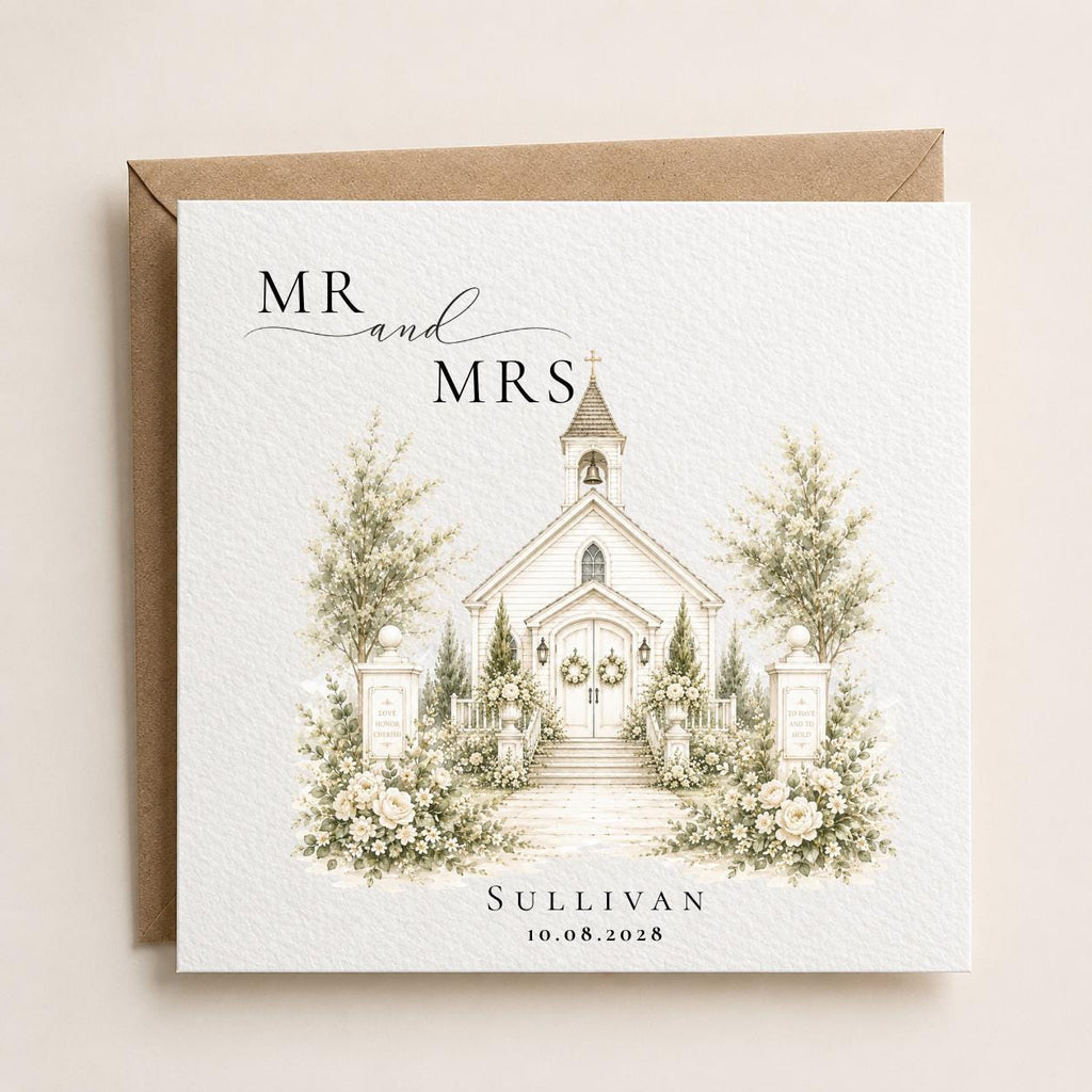 Personalised White Chapel Wedding Card | Newly Weds, Wedding Day Gift, Custom Surname, Titles, Date