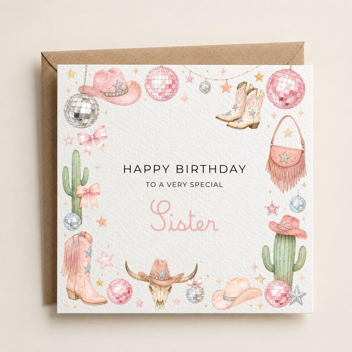 Personalised Cowgirl Theme Birthday Card for Wife, Mum, Grandma, Daughter, Auntie, Sister etc