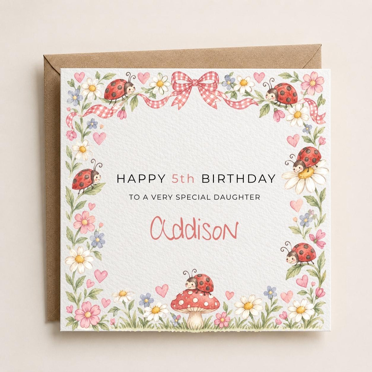 Personalised Ladybird Theme Birthday Card for Daughter, Granddaughter, Sister etc