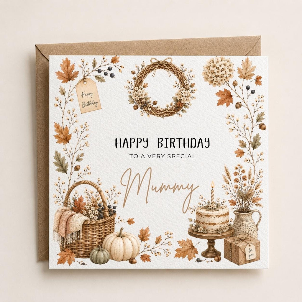 Personalised Autumn Theme Birthday Card for Mum, Dad, Daughter, Sister, Friend etc
