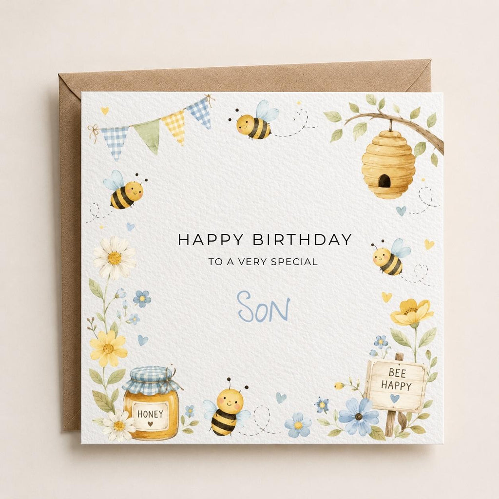 Personalised Bee Theme Birthday Card for Son, Grandson, Brother etc