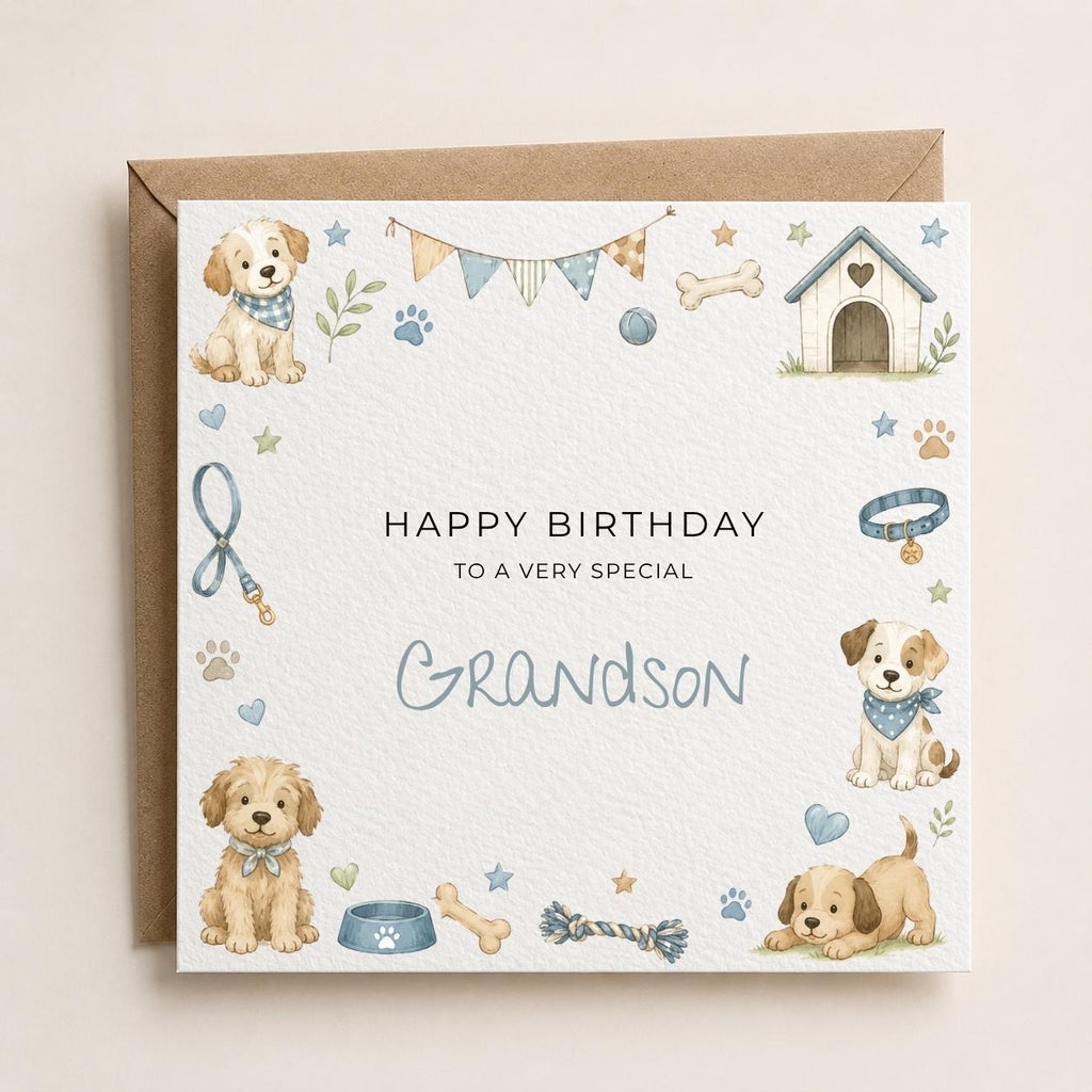 Personalised Dog Theme Birthday Card for Son, Grandson, Brother etc
