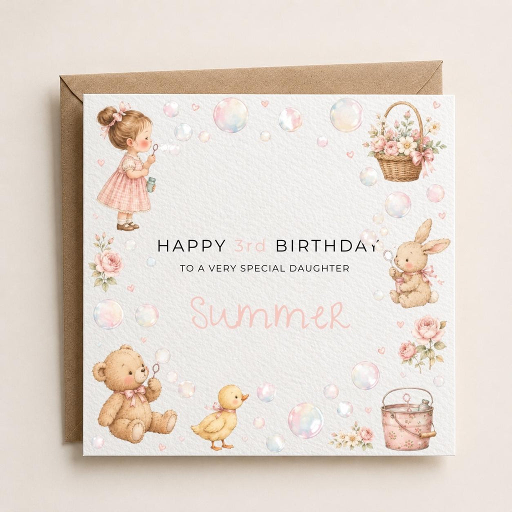 Personalised Bubbles Theme Birthday Card for Daughter, Granddaughter, Sister etc