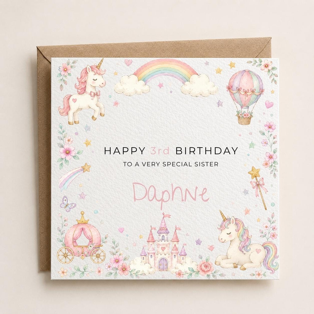 Personalised Unicorn Theme Birthday Card for Daughter, Granddaughter, Sister etc