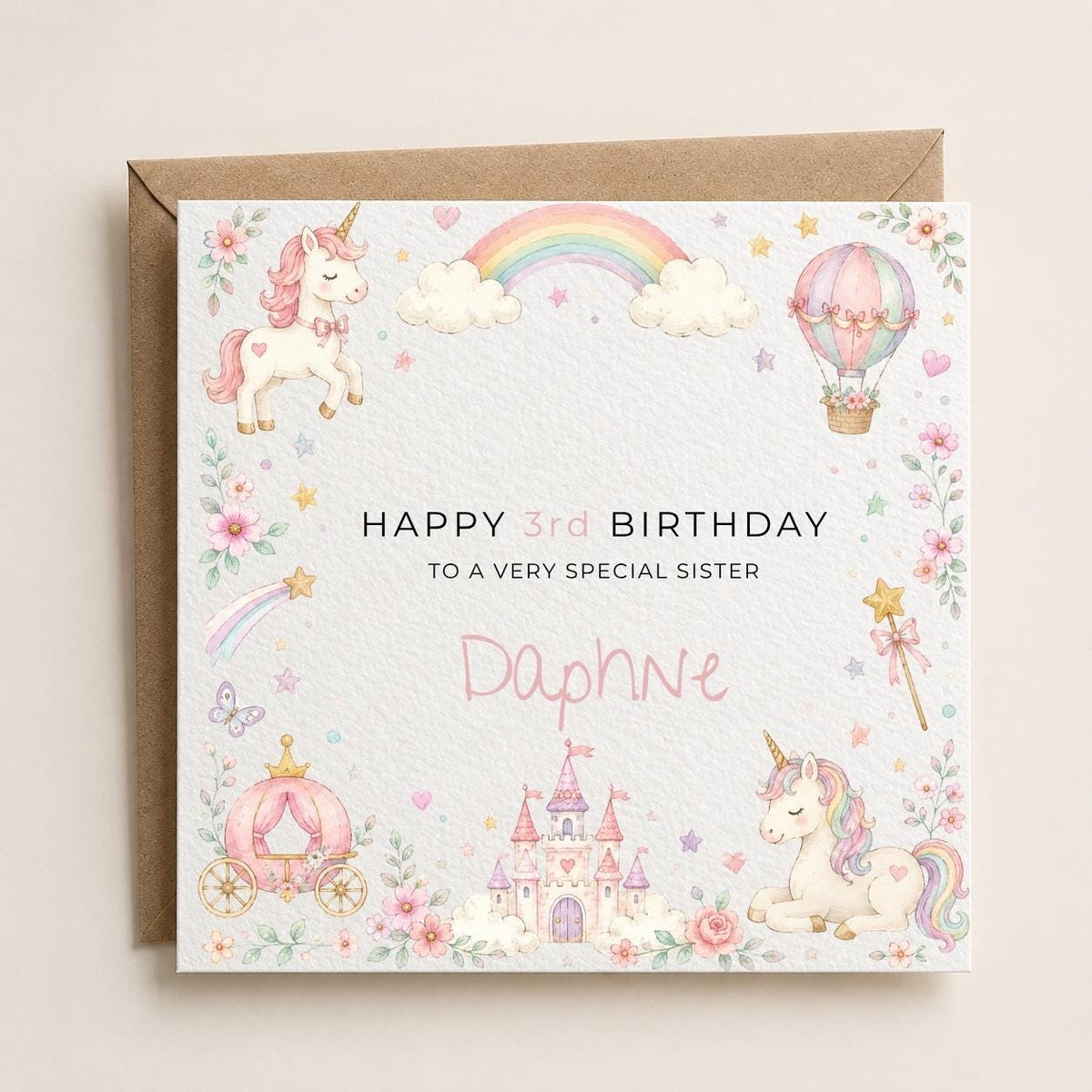 Personalised Unicorn Theme Birthday Card for Daughter, Granddaughter, Sister etc