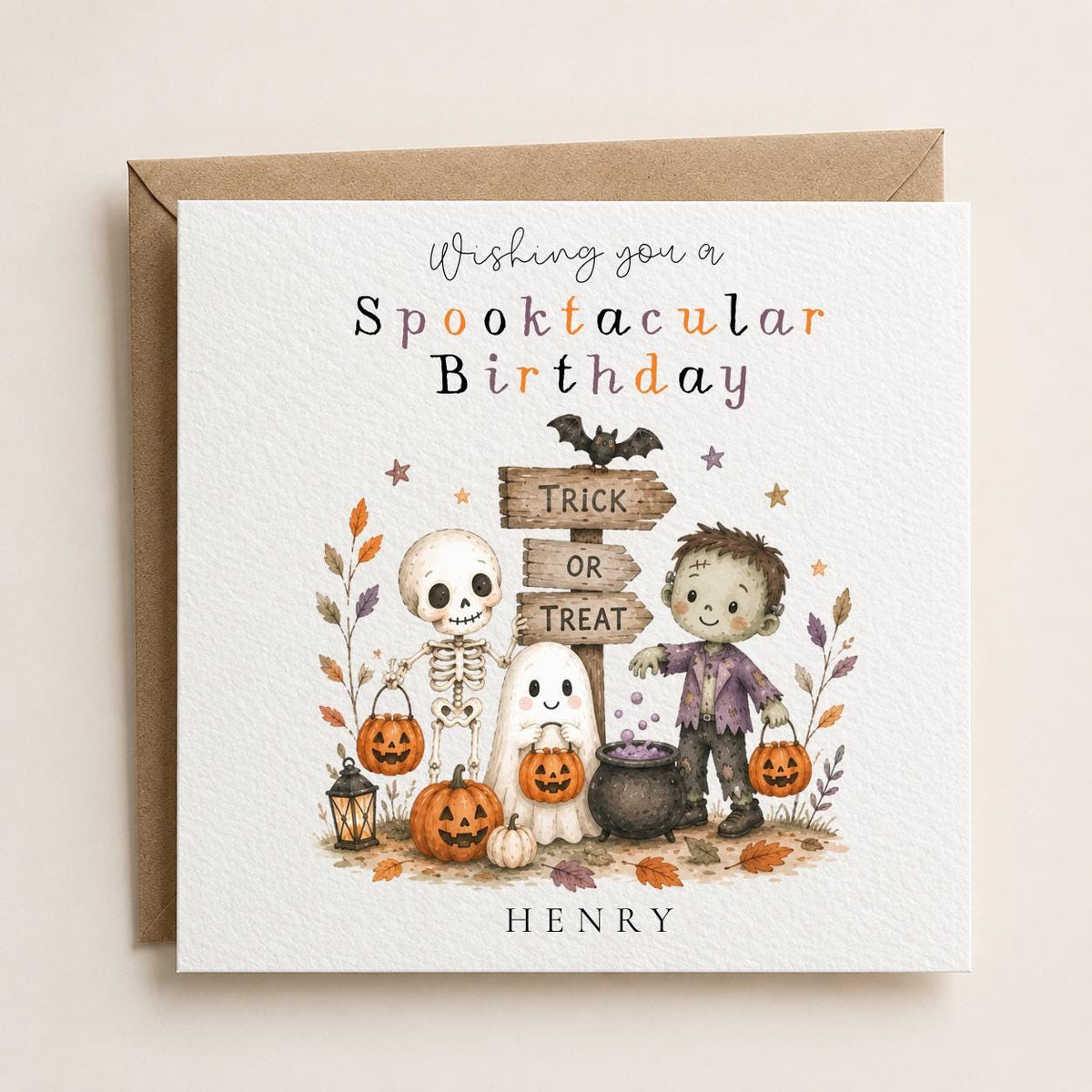 Personalised Halloween Card, Spooky Skeleton Ghost Zombie Design, First Birthday Greeting