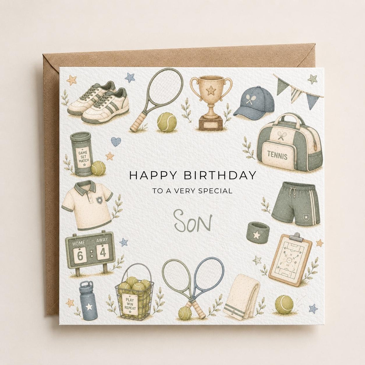 Personalised Tennis Theme Birthday Card for Son, Grandson, Brother etc