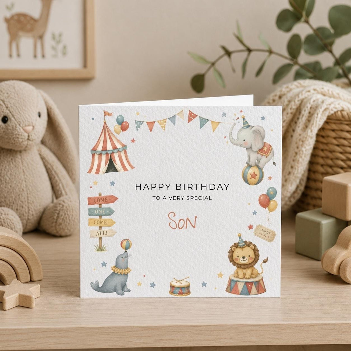 Personalised Circus Theme Birthday Card for Son, Grandson, Brother etc