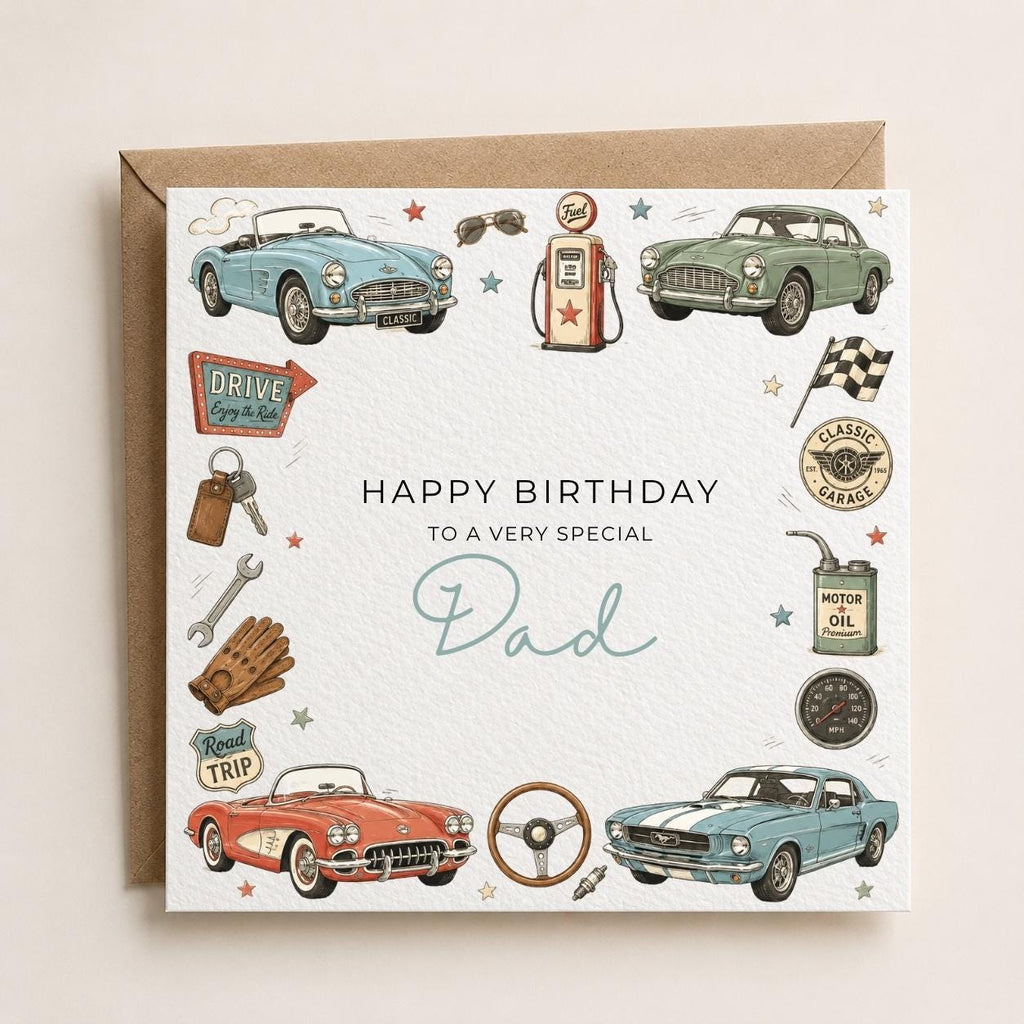 Personalised Vintage Cars Theme Birthday Card for Husband, Dad, Grandad, Son,  Uncle, Brother etc