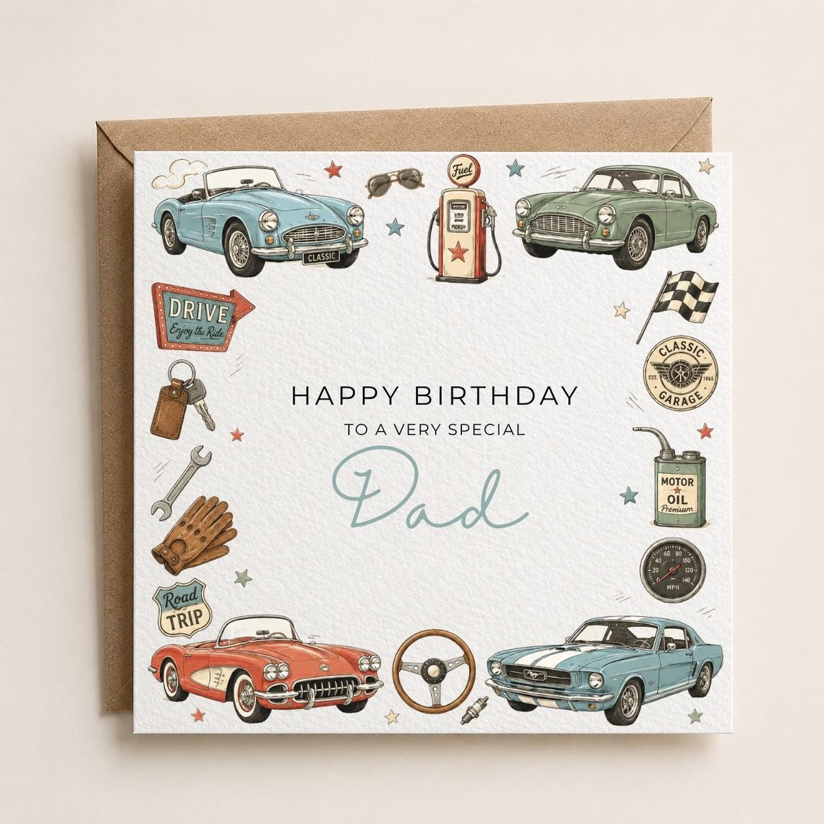 Personalised Vintage Cars Theme Birthday Card for Husband, Dad, Grandad, Son,  Uncle, Brother etc