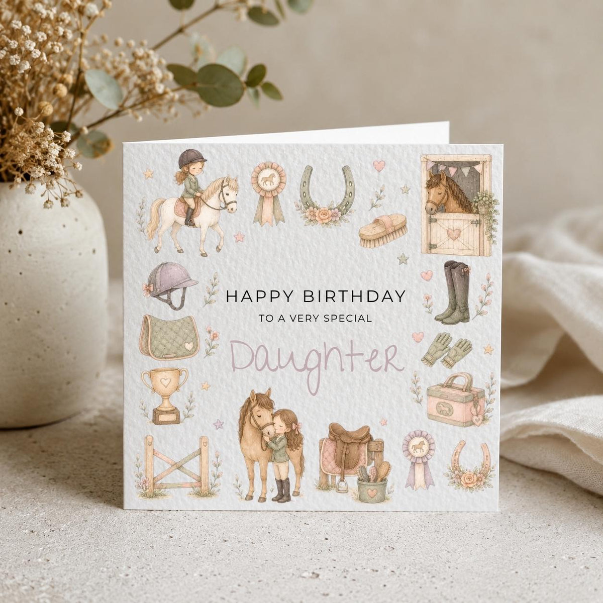 Personalised Horse-Riding Theme Birthday Card for Daughter, Granddaughter, Sister etc