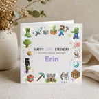 Personalised Block Character Gaming Theme Birthday Card for Son, Daughter, Brother, Sister etc