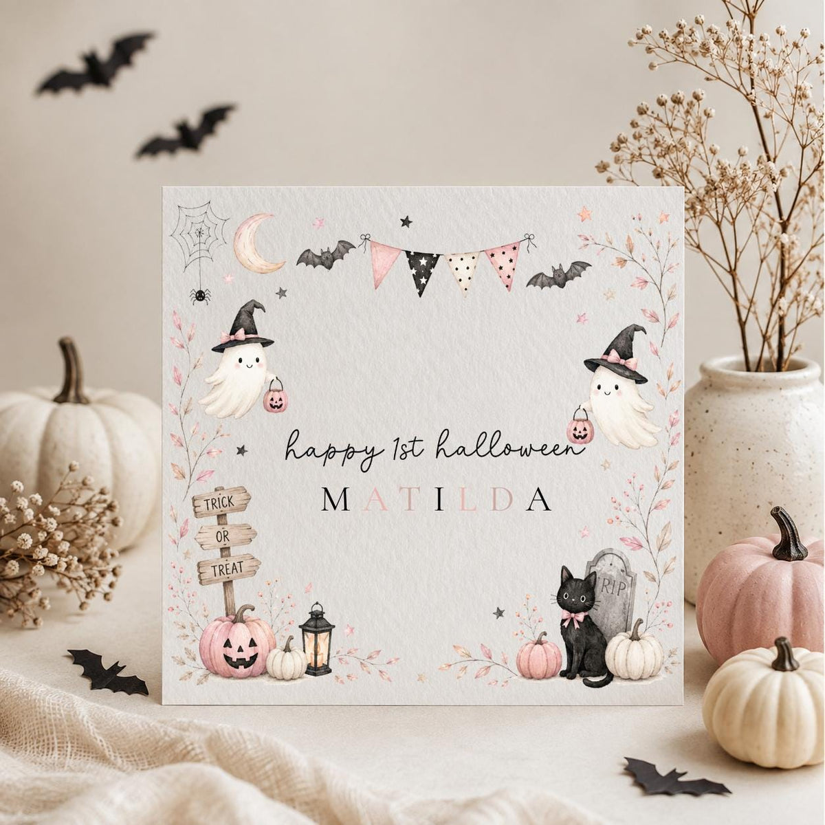 Personalised Halloween Card, Ghost, Black Cat, Pumpkin, Girl's First Halloween Birthday