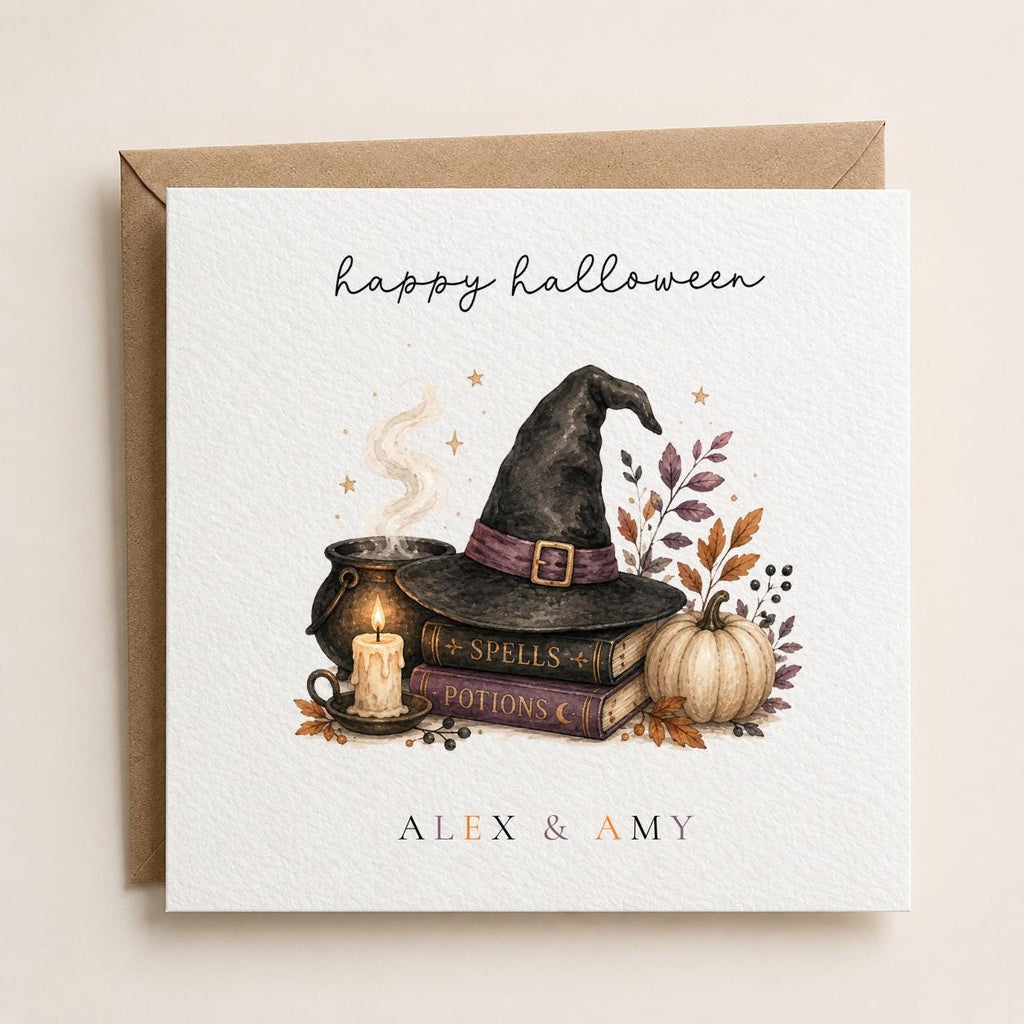 Personalised Halloween Couple Card, Witch Hat Birthday Greeting – Vintage Style