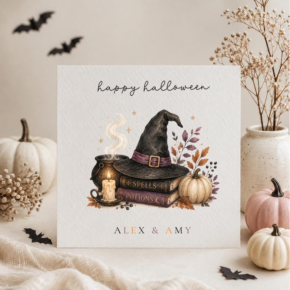 Personalised Halloween Couple Card, Witch Hat Birthday Greeting – Vintage Style