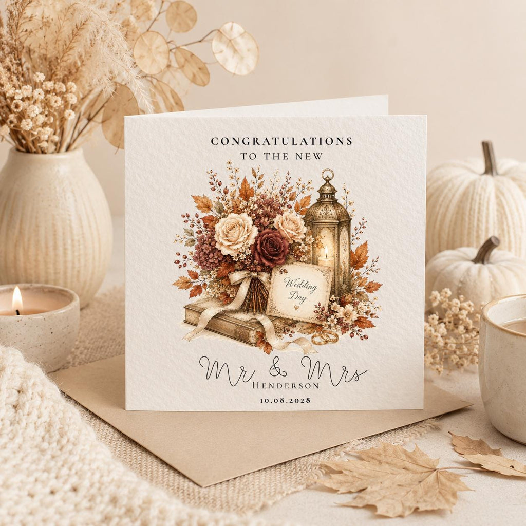 Personalised Autumn Wedding Card | Mr & Mrs, Custom Surname, Date