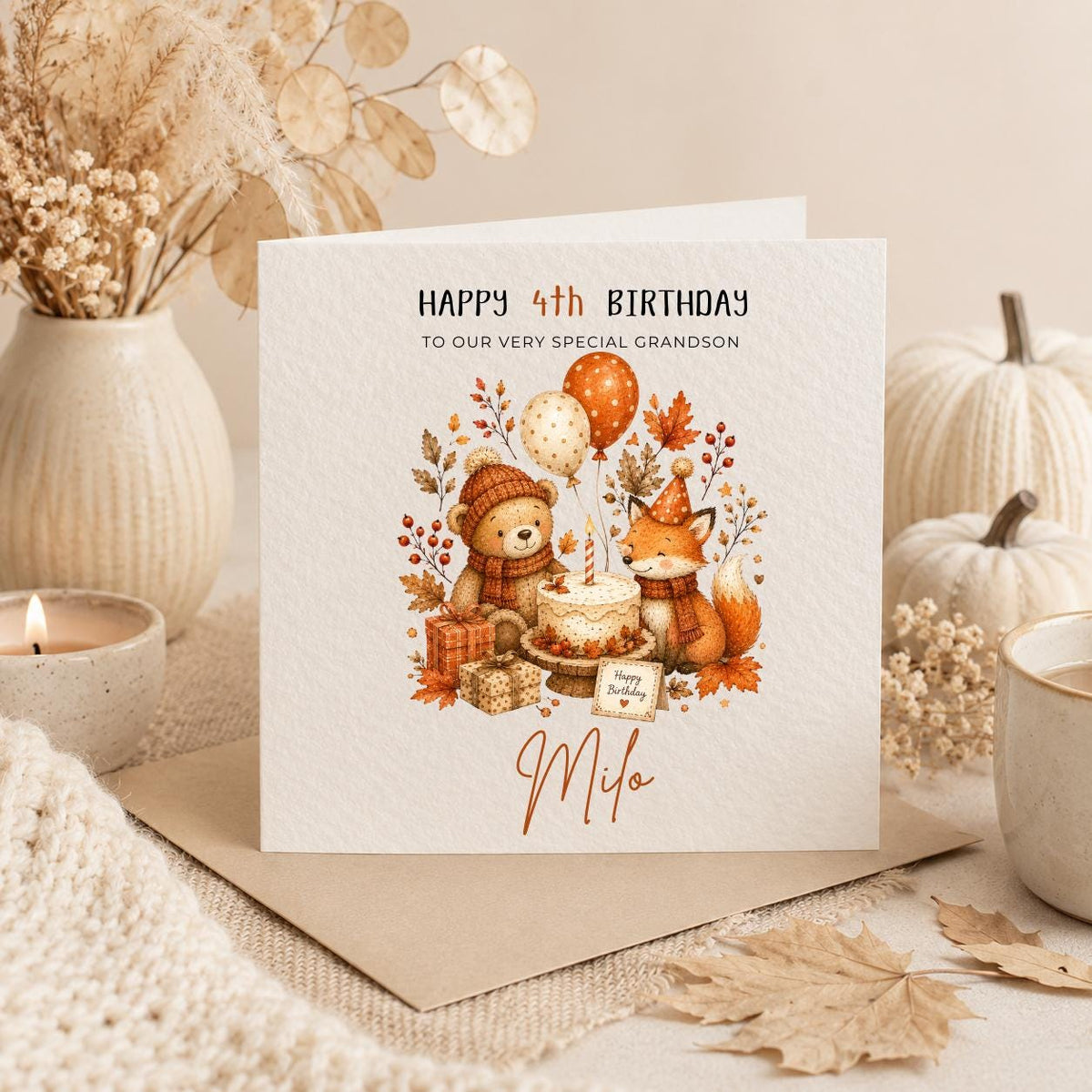 Personalised Autumn Theme Birthday Card for Daughter, Son, Brother, Sister Friend etc